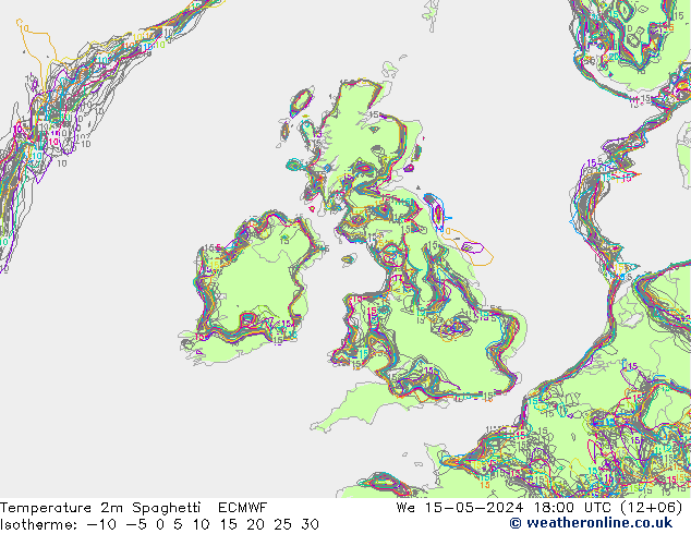 Temperatuurkaart Spaghetti ECMWF wo 15.05.2024 18 UTC