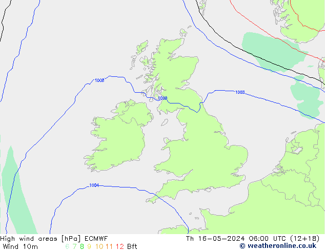 High wind areas ECMWF Čt 16.05.2024 06 UTC