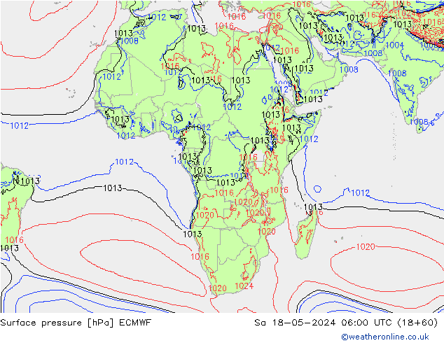 Presión superficial ECMWF sáb 18.05.2024 06 UTC