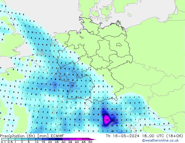 降水量 (6h) ECMWF 星期四 16.05.2024 00 UTC