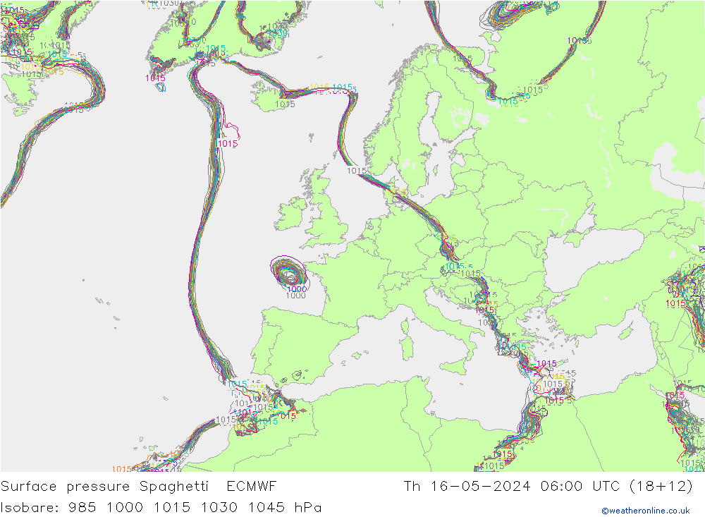 Bodendruck Spaghetti ECMWF Do 16.05.2024 06 UTC