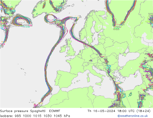 Atmosférický tlak Spaghetti ECMWF Čt 16.05.2024 18 UTC
