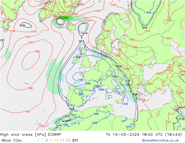 High wind areas ECMWF  16.05.2024 18 UTC