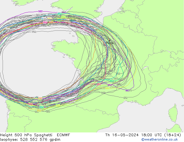 Height 500 hPa Spaghetti ECMWF  16.05.2024 18 UTC