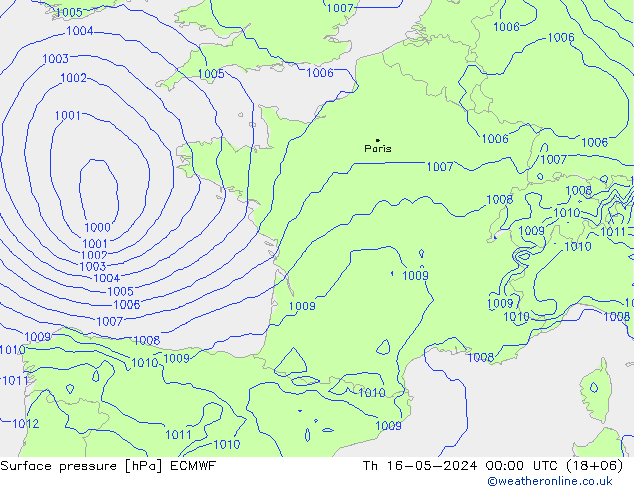 Surface pressure ECMWF Th 16.05.2024 00 UTC