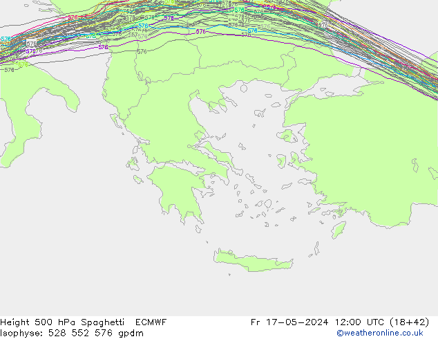 Height 500 гПа Spaghetti ECMWF пт 17.05.2024 12 UTC