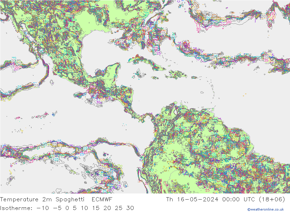 Temperature 2m Spaghetti ECMWF Čt 16.05.2024 00 UTC