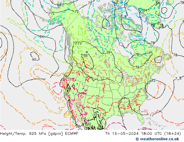 Hoogte/Temp. 925 hPa ECMWF do 16.05.2024 18 UTC