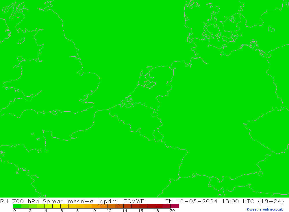 RH 700 hPa Spread ECMWF gio 16.05.2024 18 UTC