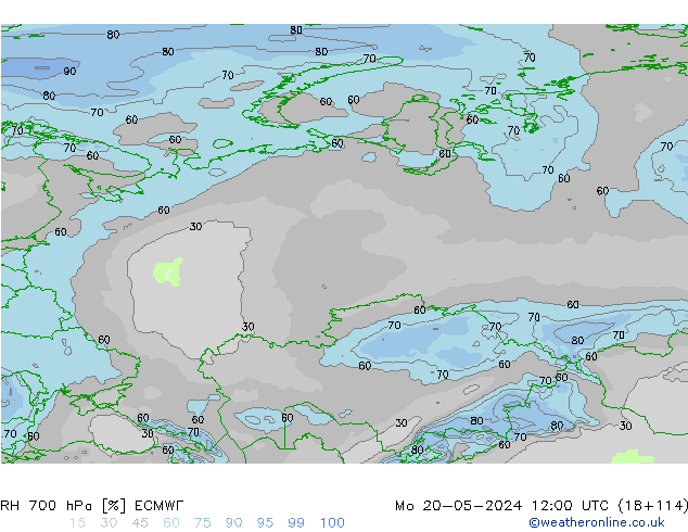 RH 700 hPa ECMWF pon. 20.05.2024 12 UTC