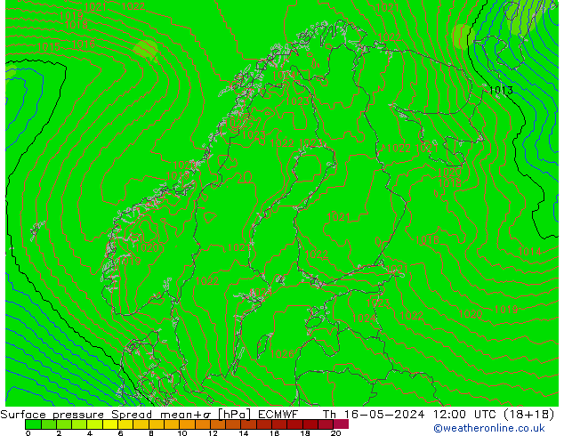 Atmosférický tlak Spread ECMWF Čt 16.05.2024 12 UTC