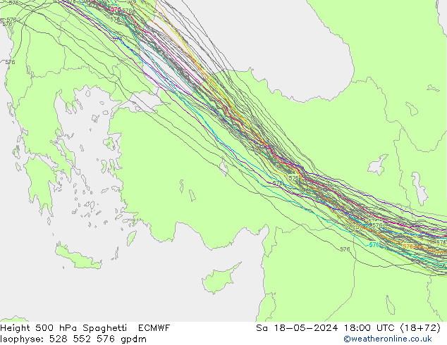Height 500 hPa Spaghetti ECMWF Sa 18.05.2024 18 UTC