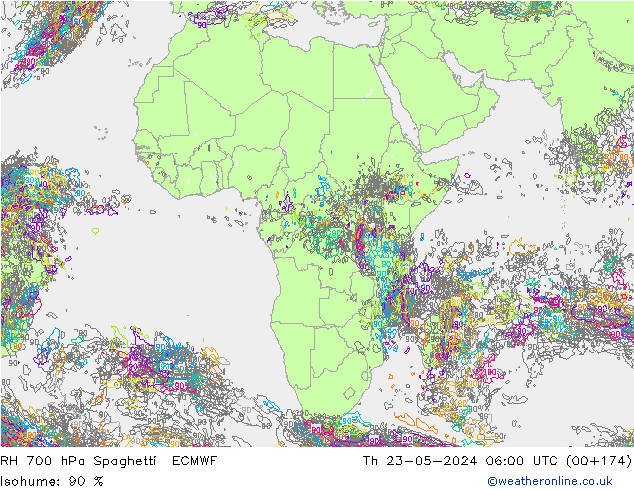 RH 700 hPa Spaghetti ECMWF Th 23.05.2024 06 UTC