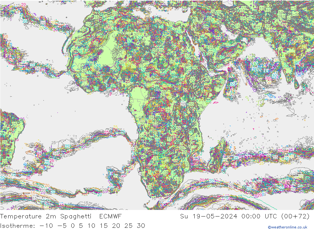 Temperatura 2m Spaghetti ECMWF dom 19.05.2024 00 UTC