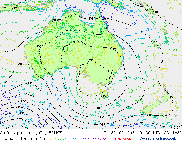 Isotachs (kph) ECMWF Qui 23.05.2024 00 UTC