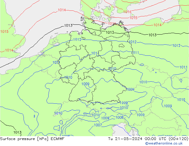 Surface pressure ECMWF Tu 21.05.2024 00 UTC