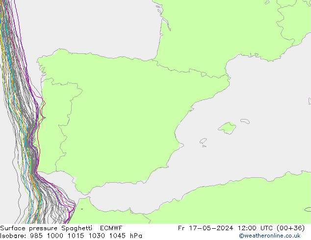 Presión superficial Spaghetti ECMWF vie 17.05.2024 12 UTC