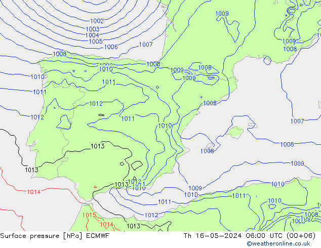 Surface pressure ECMWF Th 16.05.2024 06 UTC