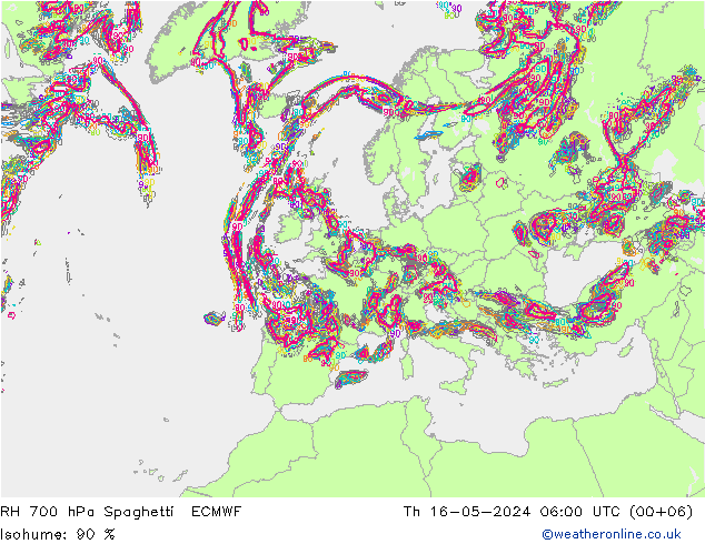 RH 700 hPa Spaghetti ECMWF Do 16.05.2024 06 UTC