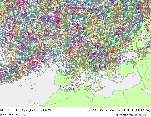 RH 700 гПа Spaghetti ECMWF чт 23.05.2024 06 UTC