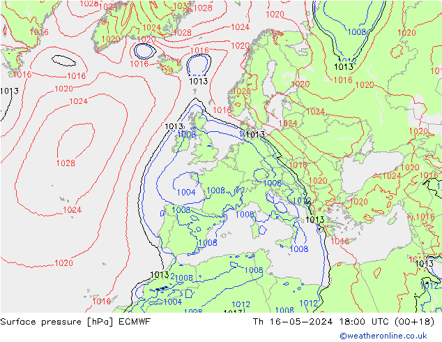 Surface pressure ECMWF Th 16.05.2024 18 UTC