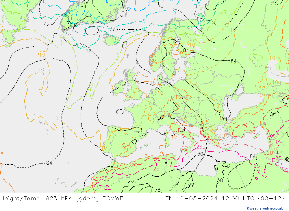 Height/Temp. 925 hPa ECMWF Do 16.05.2024 12 UTC