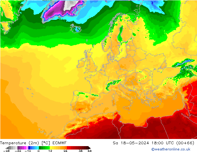 mapa temperatury (2m) ECMWF so. 18.05.2024 18 UTC