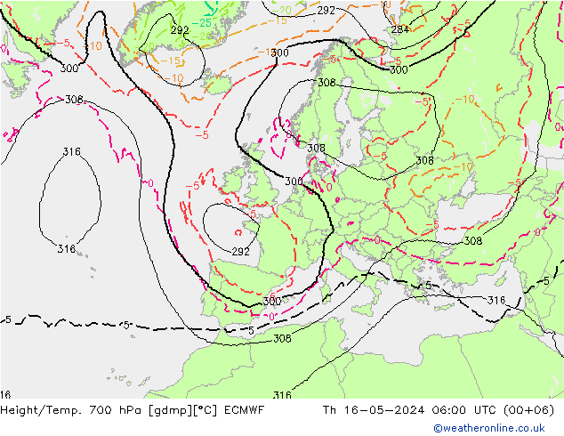 Height/Temp. 700 hPa ECMWF Qui 16.05.2024 06 UTC