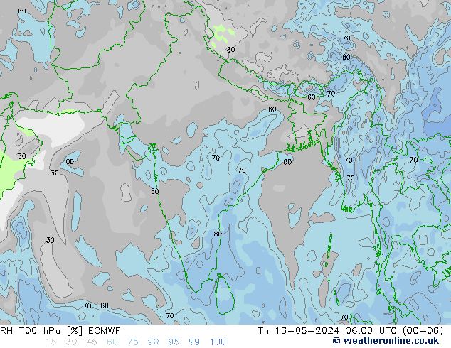 RH 700 hPa ECMWF Čt 16.05.2024 06 UTC