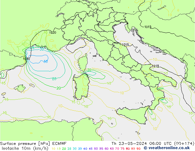 Isotachen (km/h) ECMWF do 23.05.2024 06 UTC