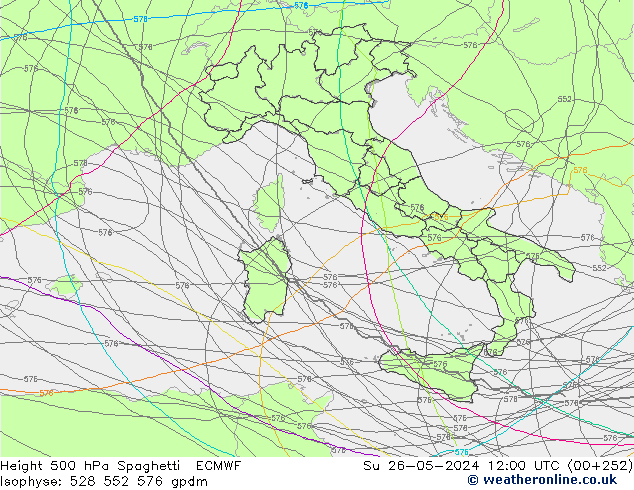 Height 500 hPa Spaghetti ECMWF Ne 26.05.2024 12 UTC