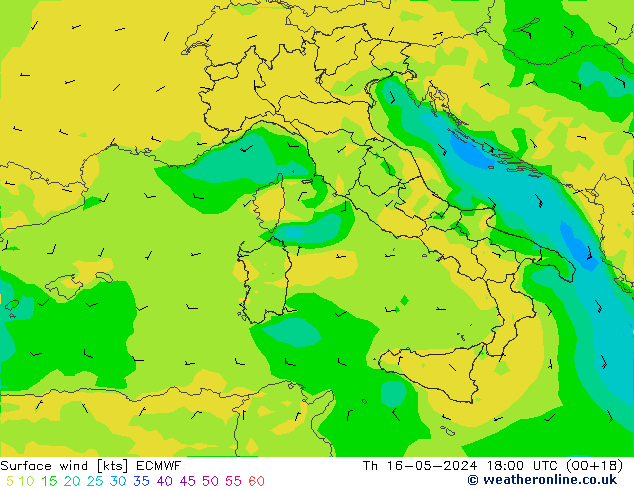 Wind 10 m ECMWF do 16.05.2024 18 UTC