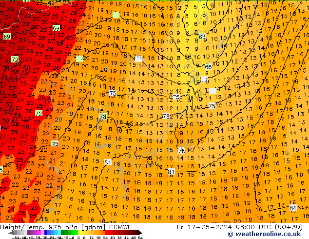 Yükseklik/Sıc. 925 hPa ECMWF Cu 17.05.2024 06 UTC