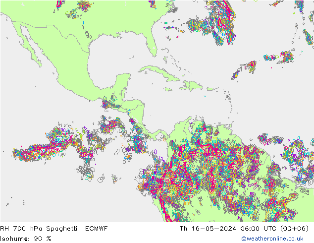 RH 700 hPa Spaghetti ECMWF Qui 16.05.2024 06 UTC