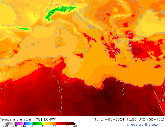 Temperature (2m) ECMWF Út 21.05.2024 12 UTC