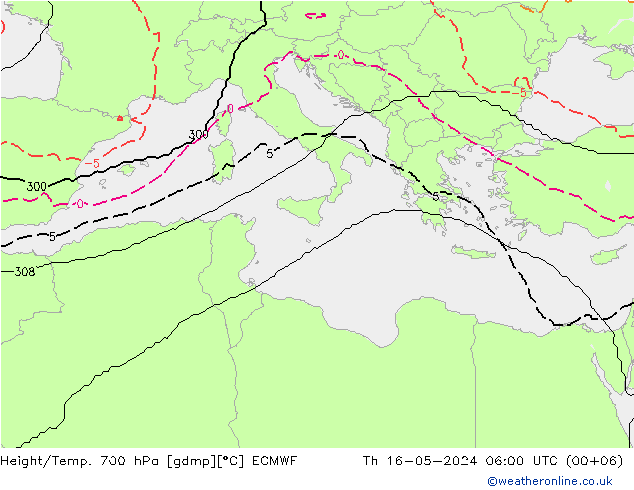 Height/Temp. 700 hPa ECMWF Qui 16.05.2024 06 UTC