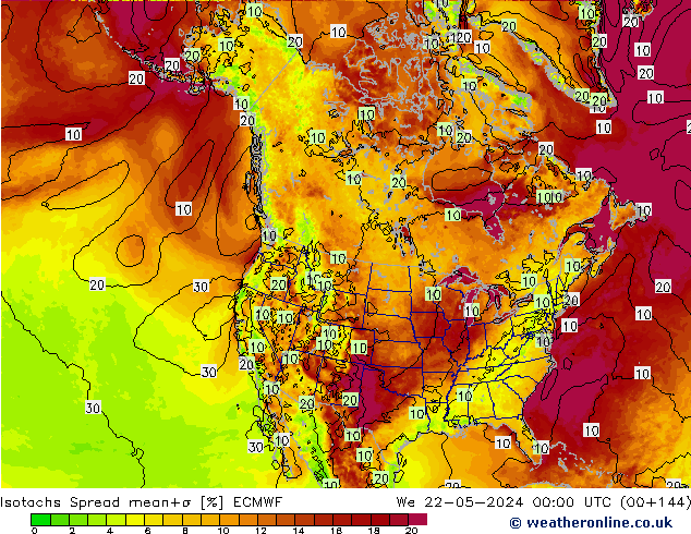 Izotacha Spread ECMWF śro. 22.05.2024 00 UTC