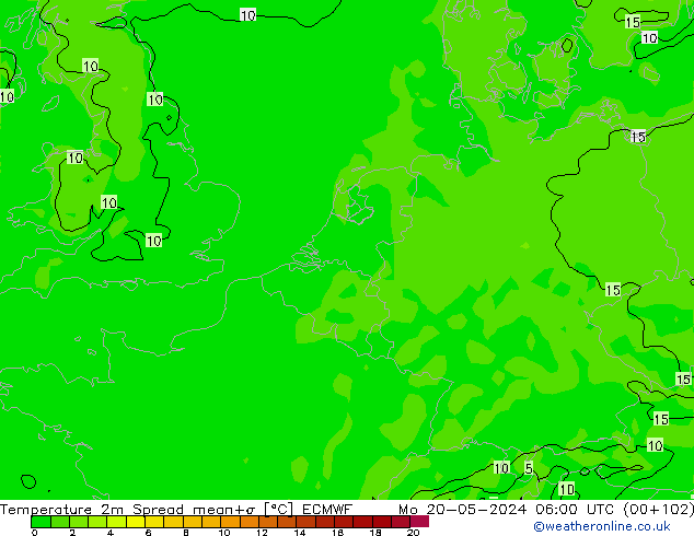 Temperatura 2m Spread ECMWF Seg 20.05.2024 06 UTC