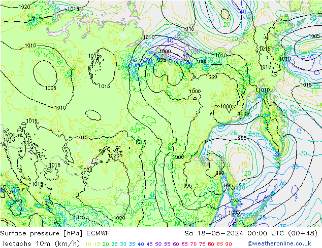 Isotachs (kph) ECMWF Sa 18.05.2024 00 UTC