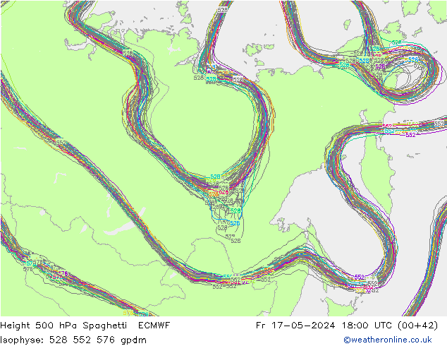 Height 500 гПа Spaghetti ECMWF пт 17.05.2024 18 UTC