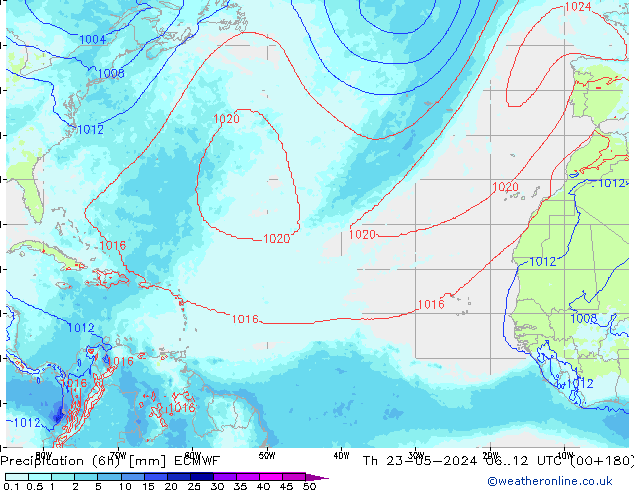 Precipitation (6h) ECMWF Čt 23.05.2024 12 UTC