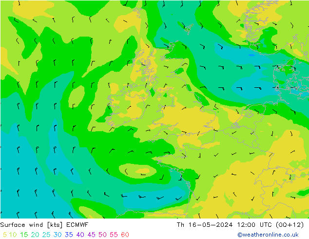 Surface wind ECMWF Čt 16.05.2024 12 UTC