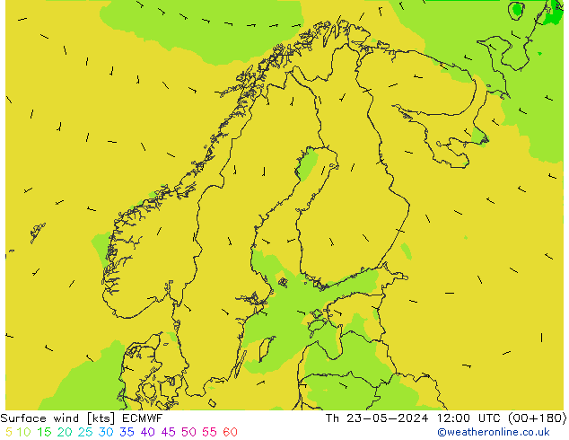 Surface wind ECMWF Čt 23.05.2024 12 UTC