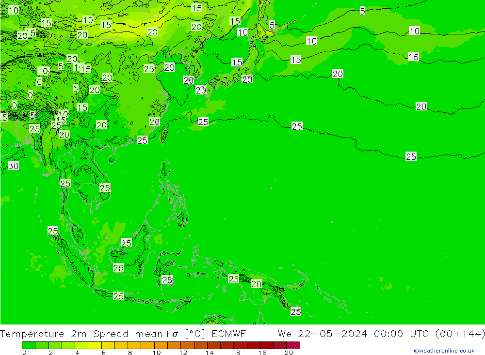 Temperature 2m Spread ECMWF We 22.05.2024 00 UTC
