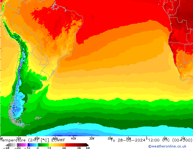 Temperature (2m) ECMWF Út 28.05.2024 12 UTC