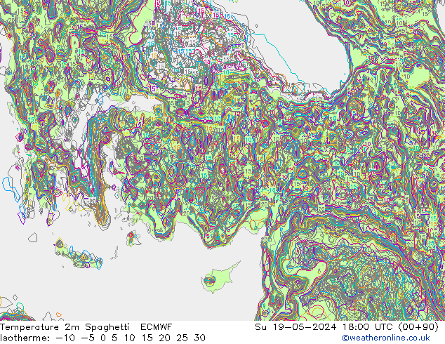 Temperatura 2m Spaghetti ECMWF dom 19.05.2024 18 UTC