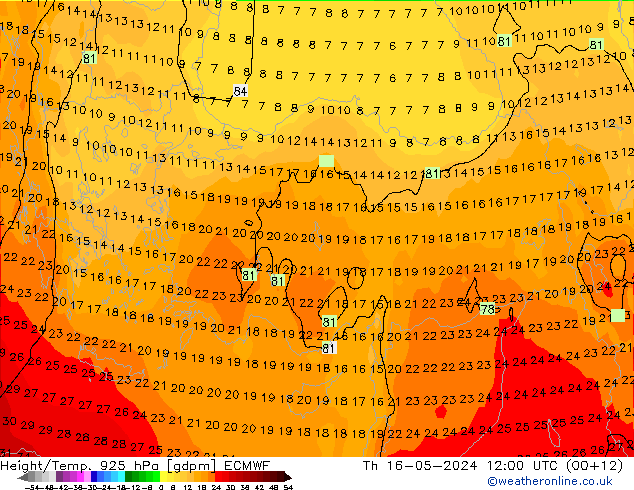 Hoogte/Temp. 925 hPa ECMWF do 16.05.2024 12 UTC