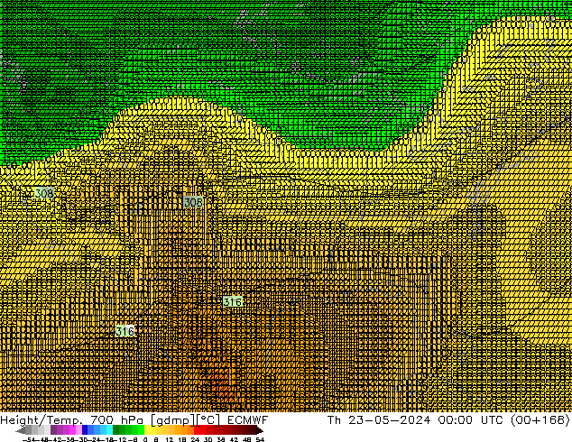 Height/Temp. 700 hPa ECMWF Th 23.05.2024 00 UTC