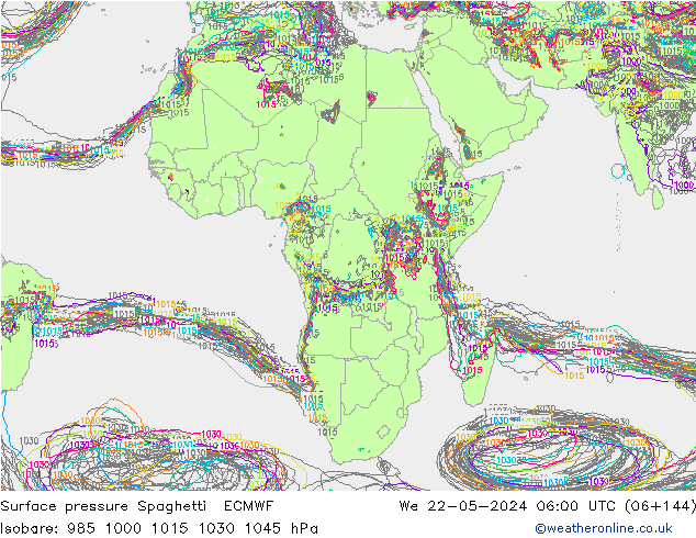 pressão do solo Spaghetti ECMWF Qua 22.05.2024 06 UTC
