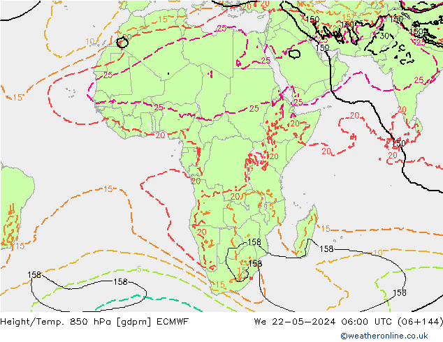 Hoogte/Temp. 850 hPa ECMWF wo 22.05.2024 06 UTC